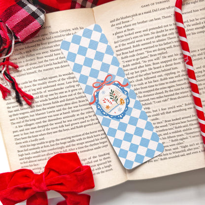 Christmas bookish Bookmark Pastel Blue Checkers, Double Side 2x6 inch Linen Paper Gift