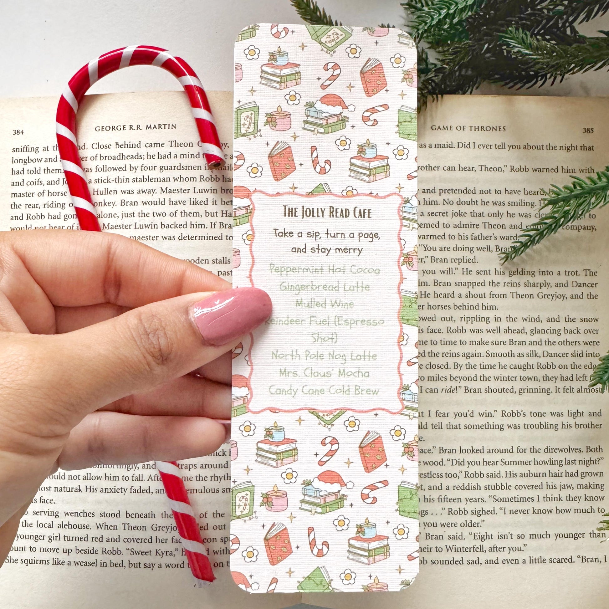 The Christmas Cafe Menu Bookmark for Book Lovers Double Side 2x6 inch Linen Paper Gift