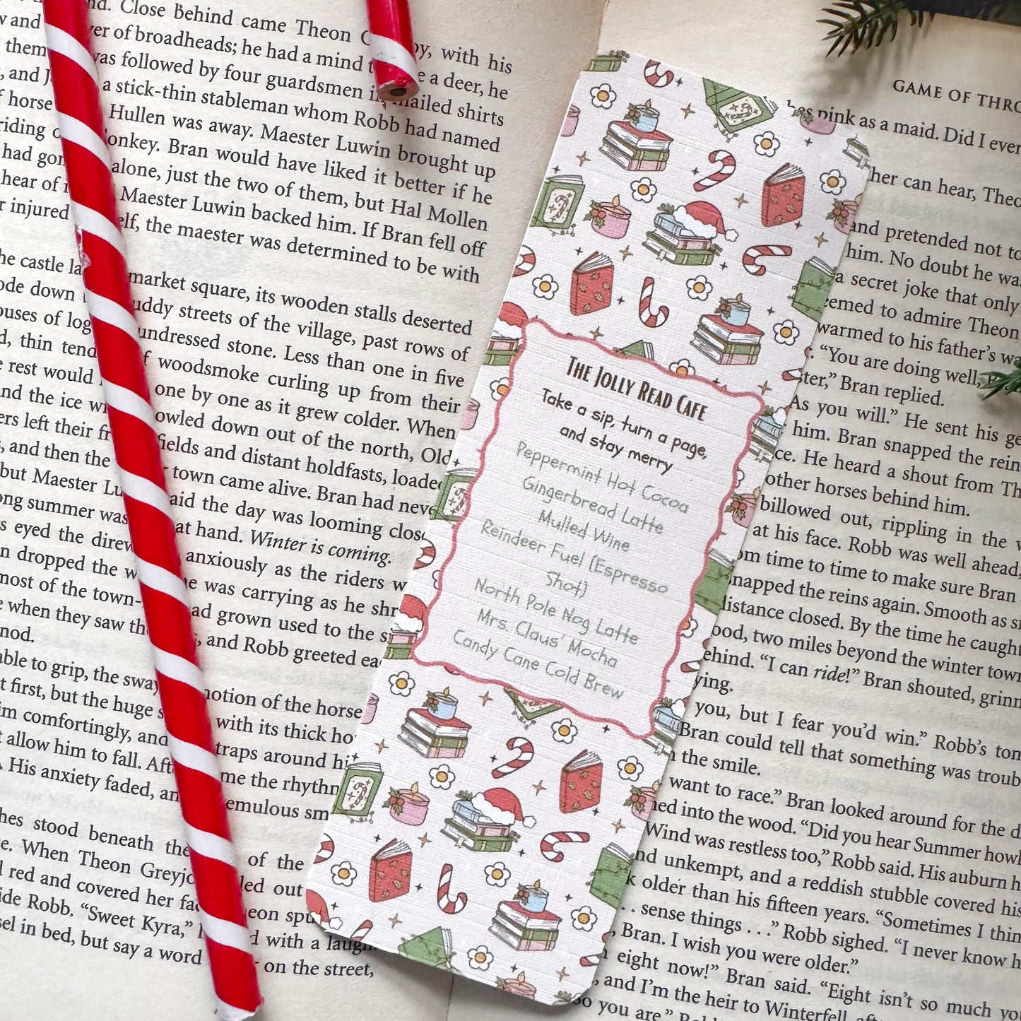 The Christmas Cafe Menu Bookmark for Book Lovers Double Side 2x6 inch Linen Paper Gift