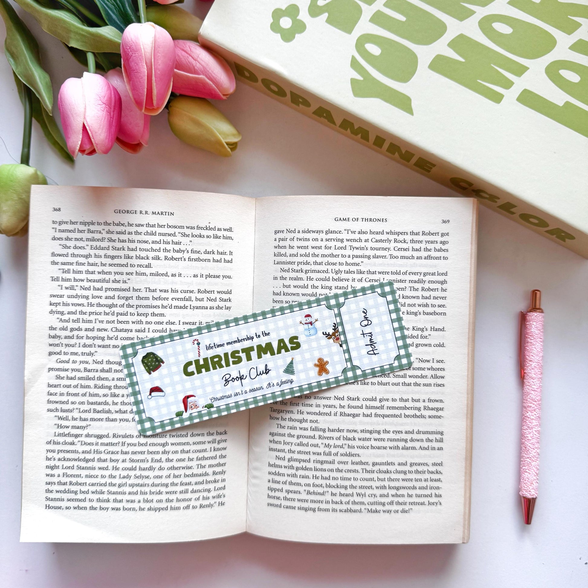 Christmas Book Club Bookmark Admit one, Double Side 2x6 inch Linen Paper Gift