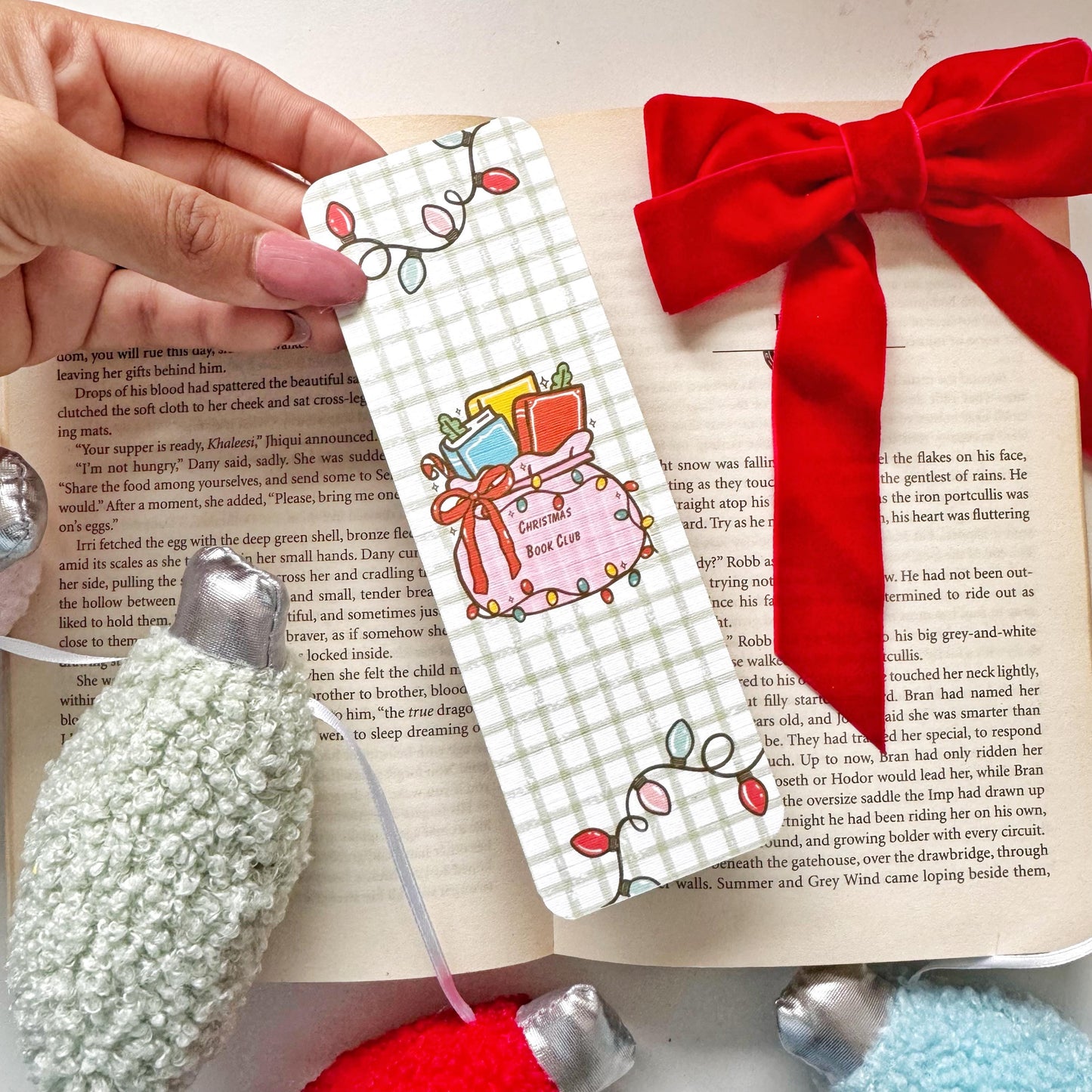 Christmas book Club Bag of Books & Christmas Light Bookmark, Double Side 2x6 inch Linen Paper Gift