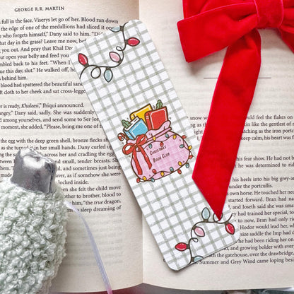 Christmas book Club Bag of Books & Christmas Light Bookmark, Double Side 2x6 inch Linen Paper Gift