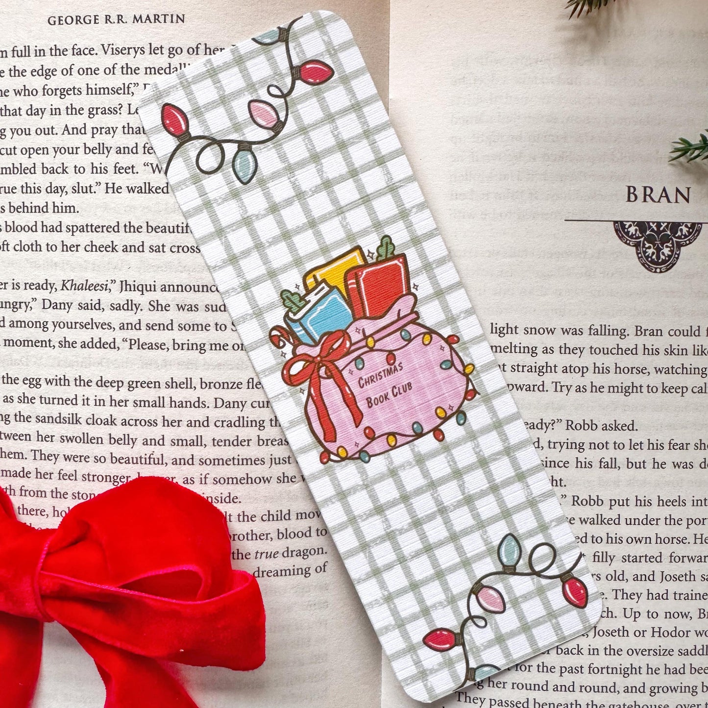 Christmas book Club Bag of Books & Christmas Light Bookmark, Double Side 2x6 inch Linen Paper Gift