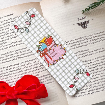 Christmas book Club Bag of Books & Christmas Light Bookmark, Double Side 2x6 inch Linen Paper Gift