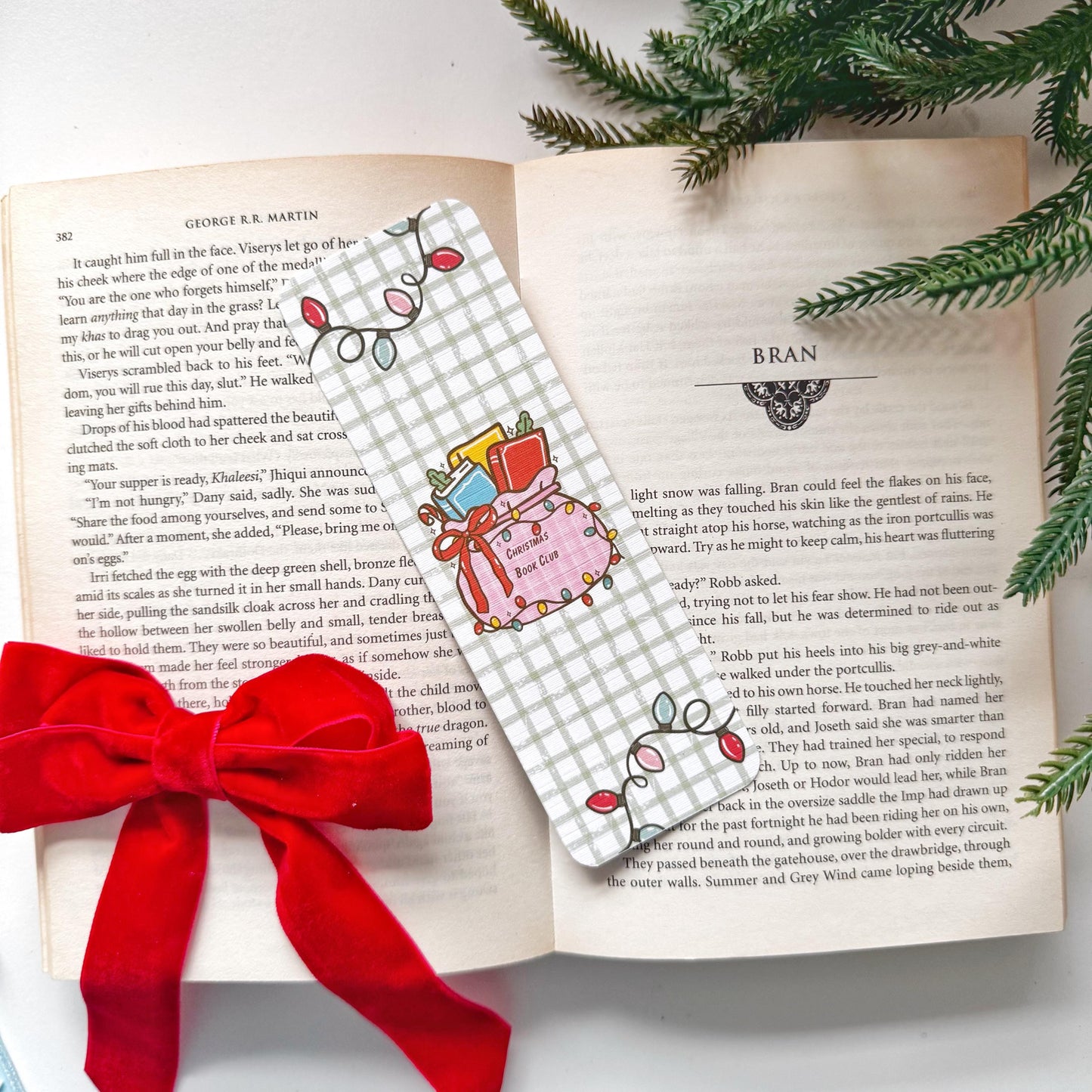 Christmas book Club Bag of Books & Christmas Light Bookmark, Double Side 2x6 inch Linen Paper Gift