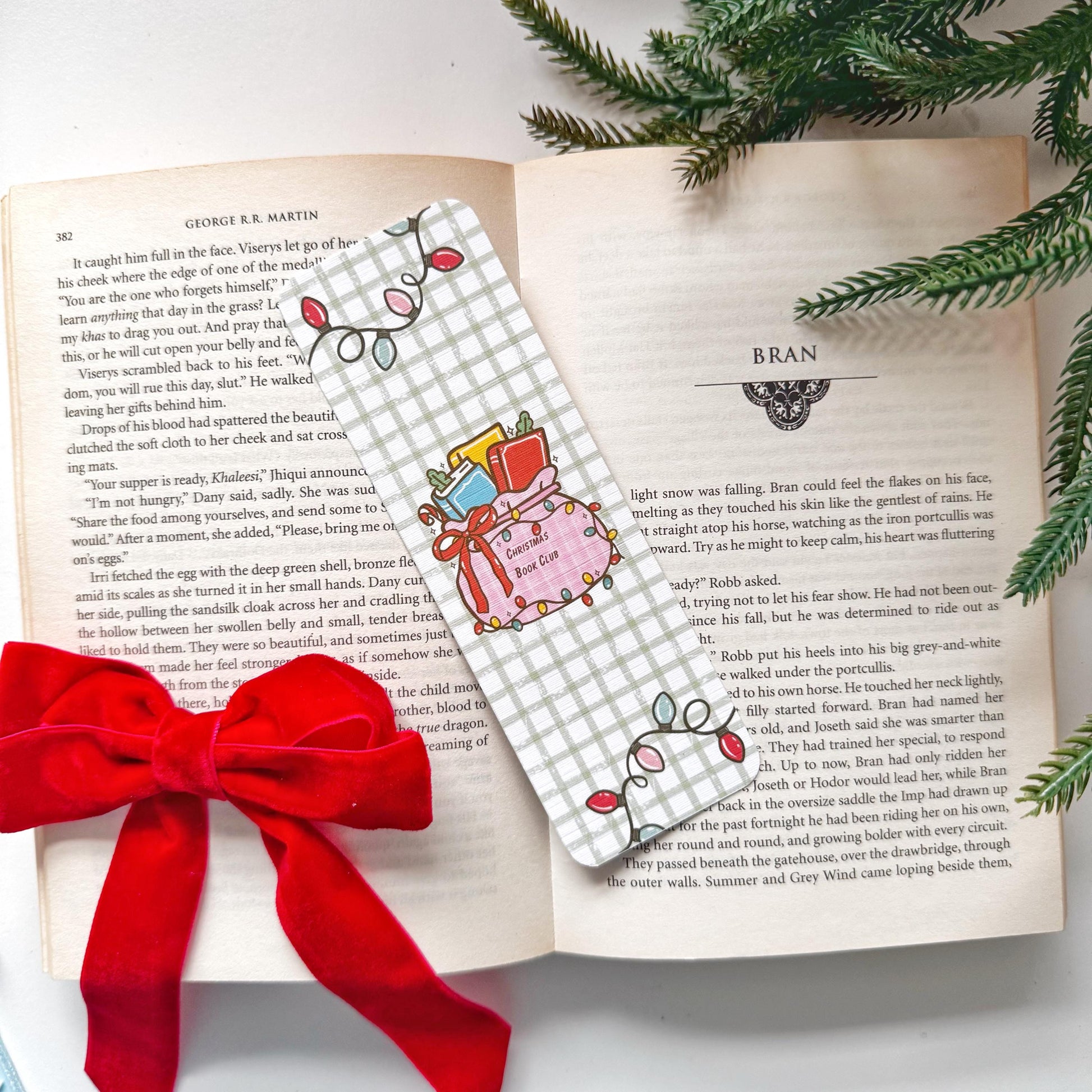 Christmas book Club Bag of Books & Christmas Light Bookmark, Double Side 2x6 inch Linen Paper Gift