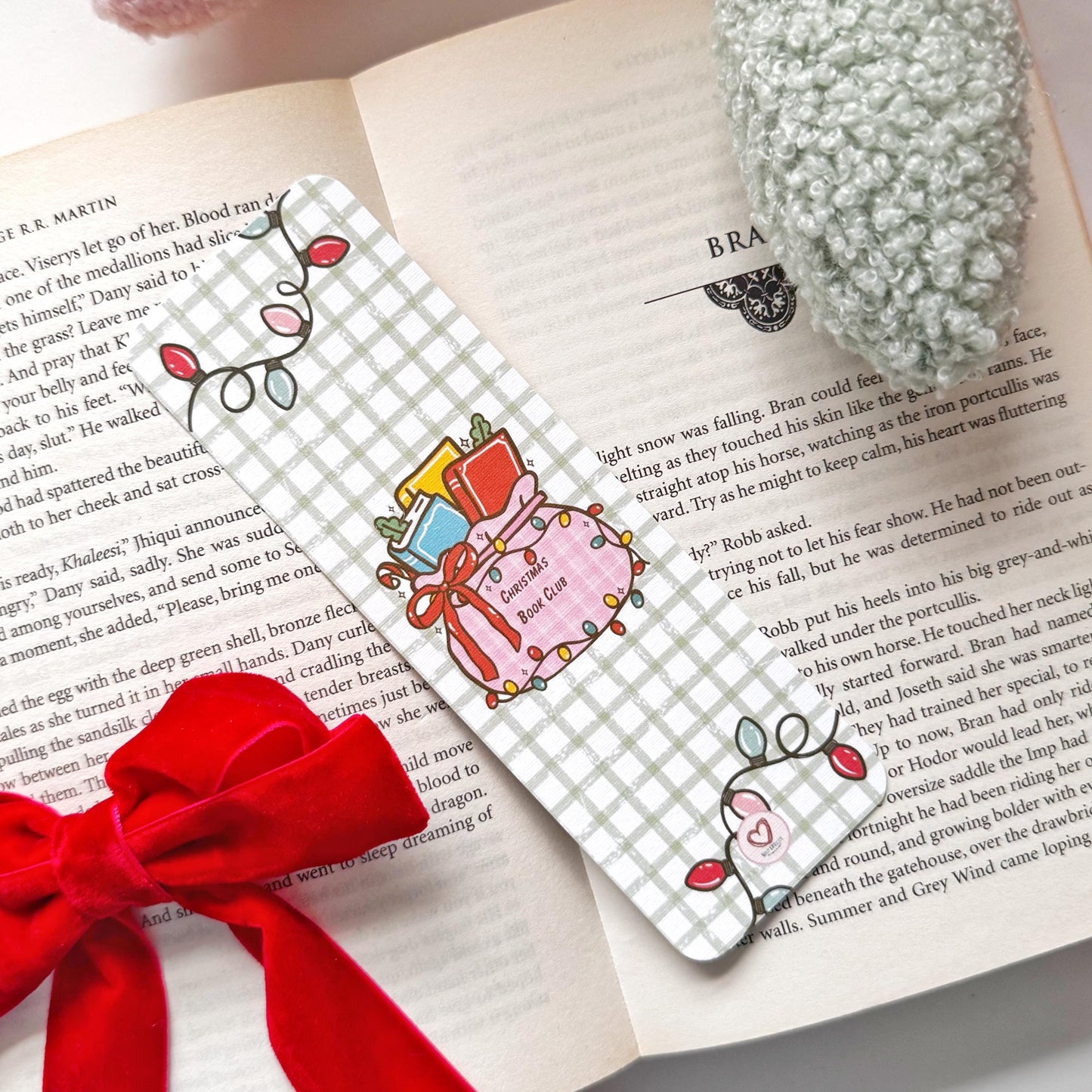 Christmas book Club Bag of Books & Christmas Light Bookmark, Double Side 2x6 inch Linen Paper Gift