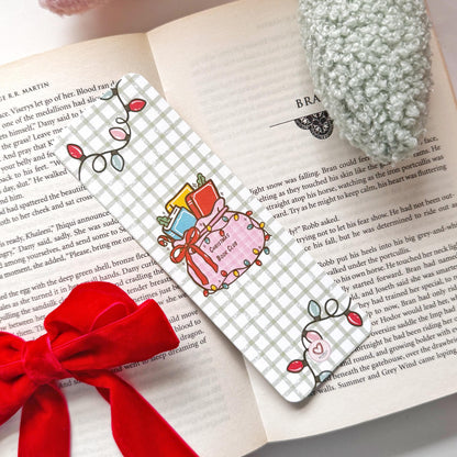 Christmas book Club Bag of Books & Christmas Light Bookmark, Double Side 2x6 inch Linen Paper Gift