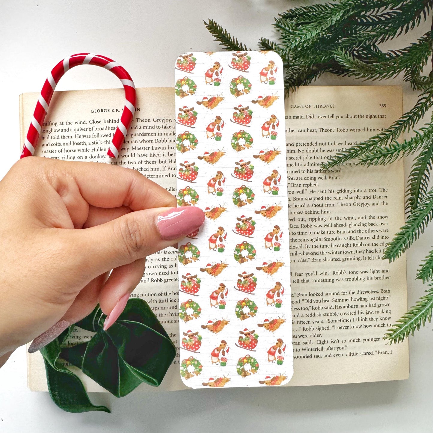 Dachshund Christmas Bookmark, Double Side 2x6 inch Linen Paper Gift