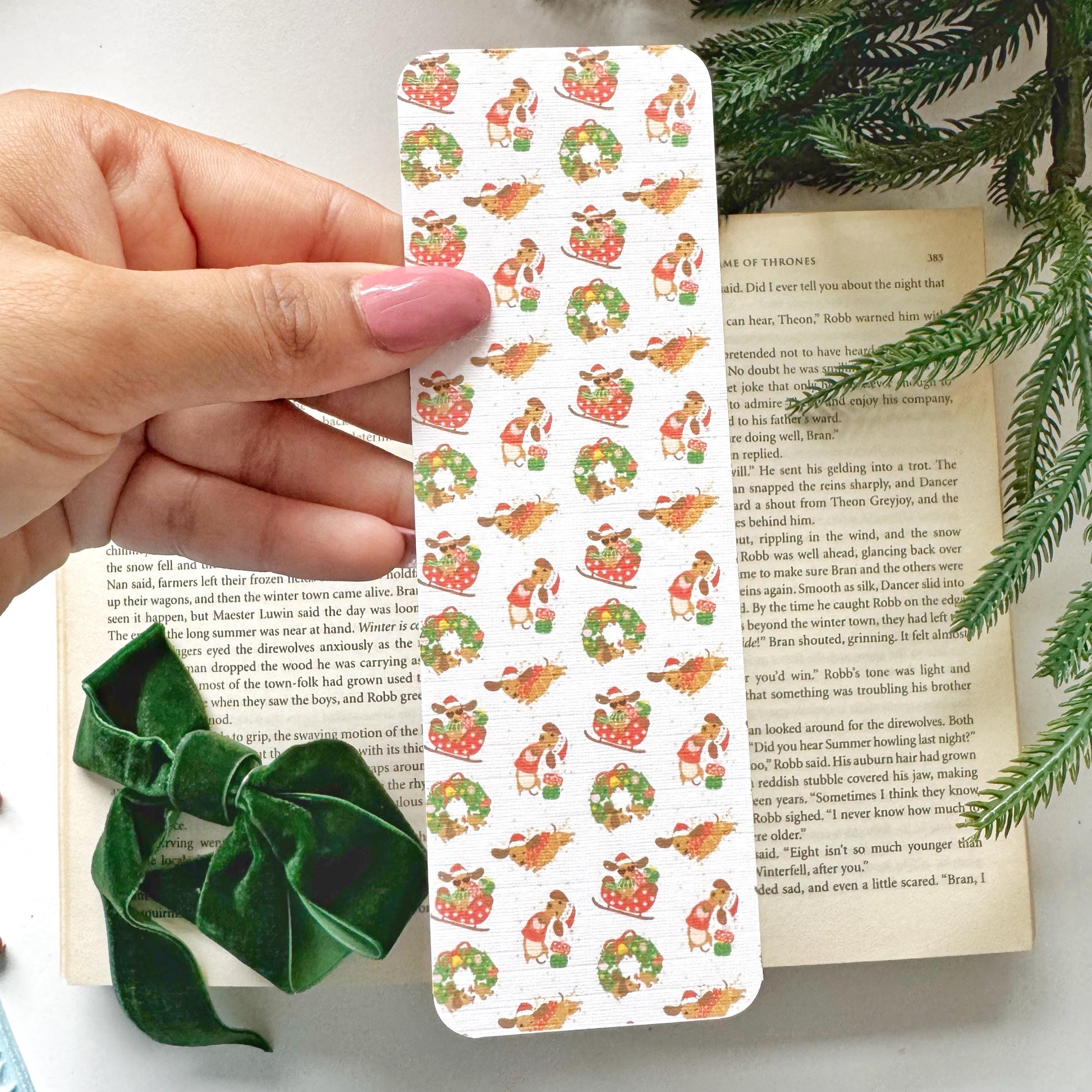 Dachshund Christmas Bookmark, Double Side 2x6 inch Linen Paper Gift