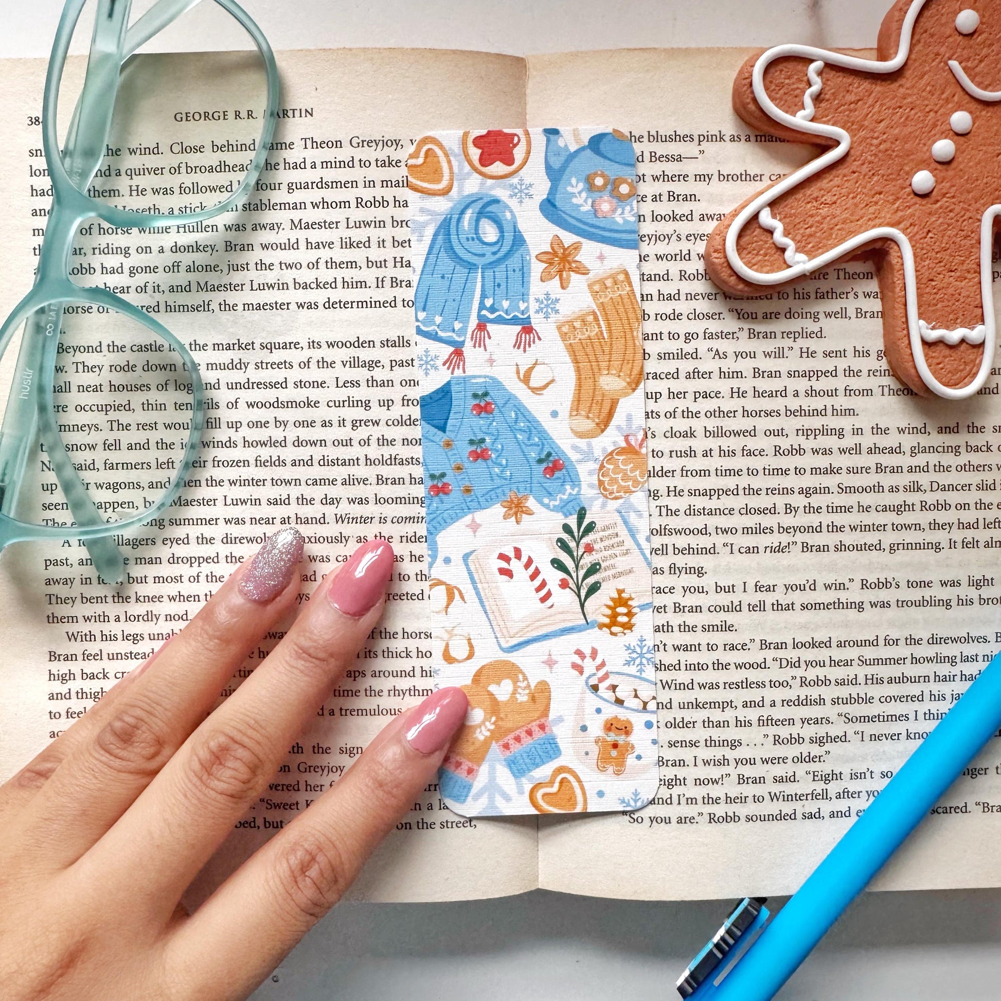 Cozy Christmas Bookmark Pastel Blue, Double Side 2x6 inch Linen Paper Gift