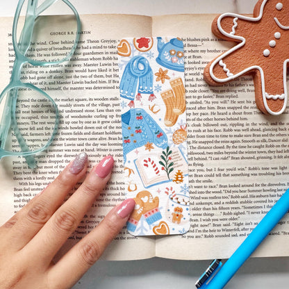 Cozy Christmas Bookmark Pastel Blue, Double Side 2x6 inch Linen Paper Gift