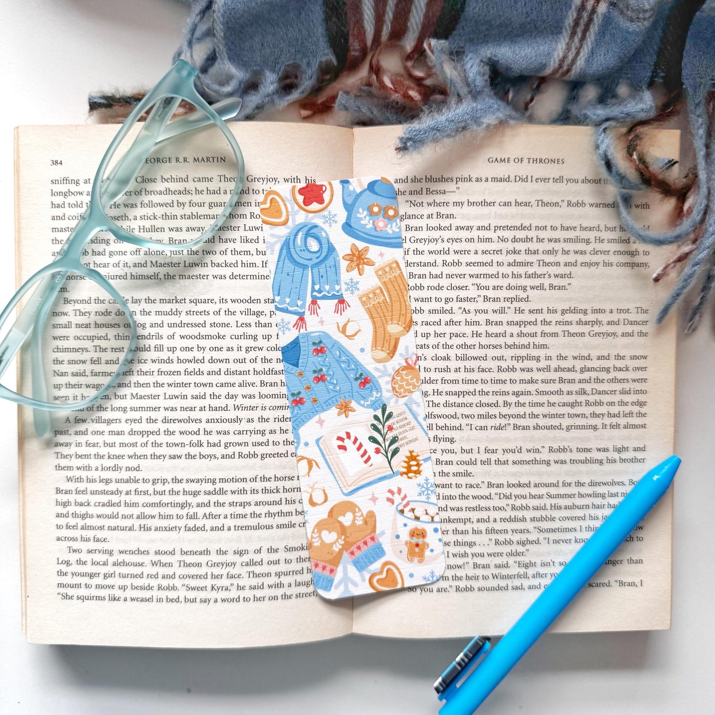 Cozy Christmas Bookmark Pastel Blue, Double Side 2x6 inch Linen Paper Gift