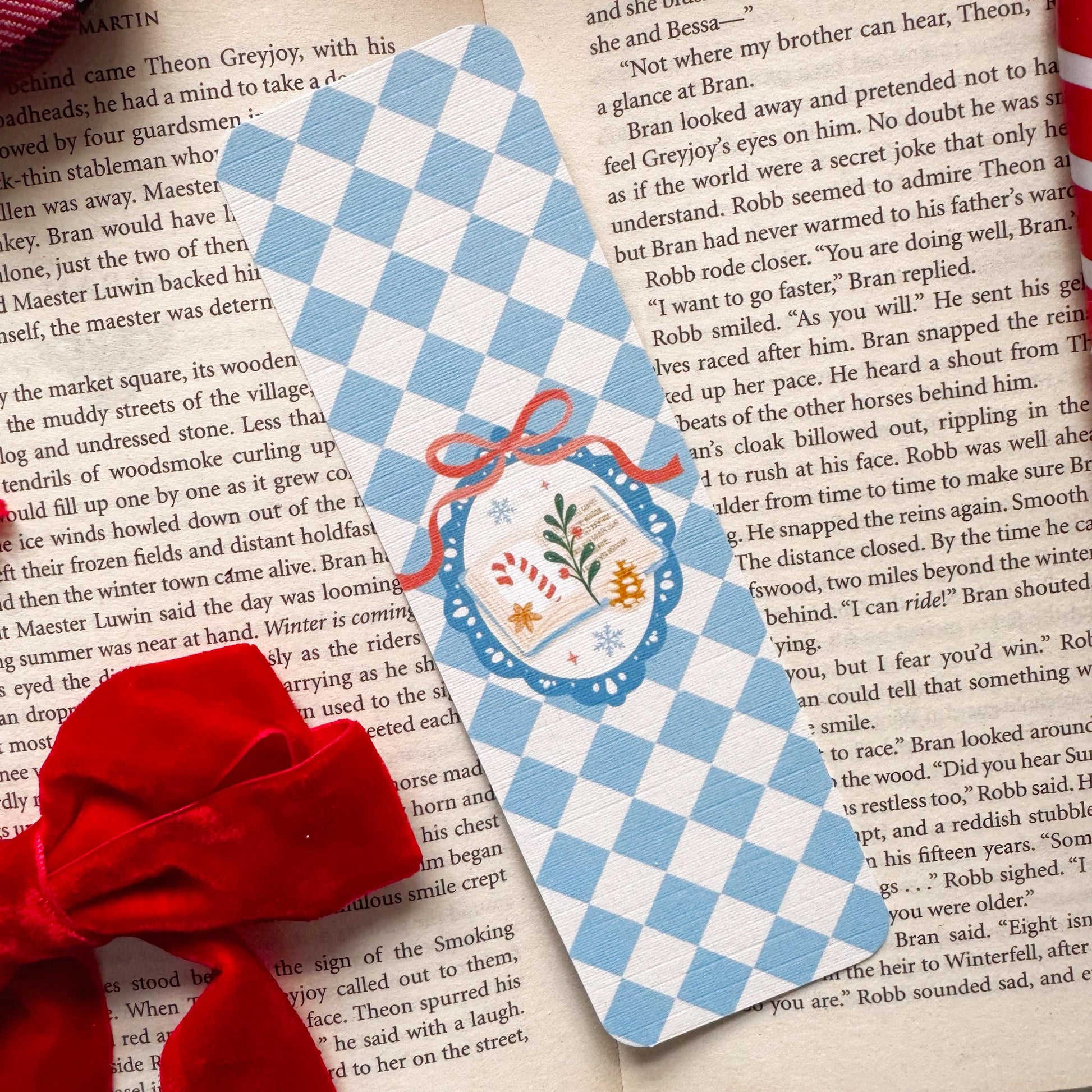 Christmas bookish Bookmark Pastel Blue Checkers, Double Side 2x6 inch Linen Paper Gift