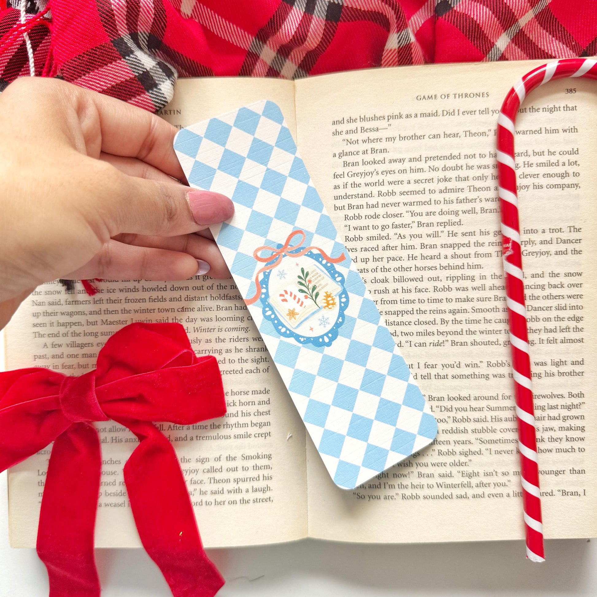 Christmas bookish Bookmark Pastel Blue Checkers, Double Side 2x6 inch Linen Paper Gift