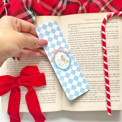 Christmas bookish Bookmark Pastel Blue Checkers, Double Side 2x6 inch Linen Paper Gift