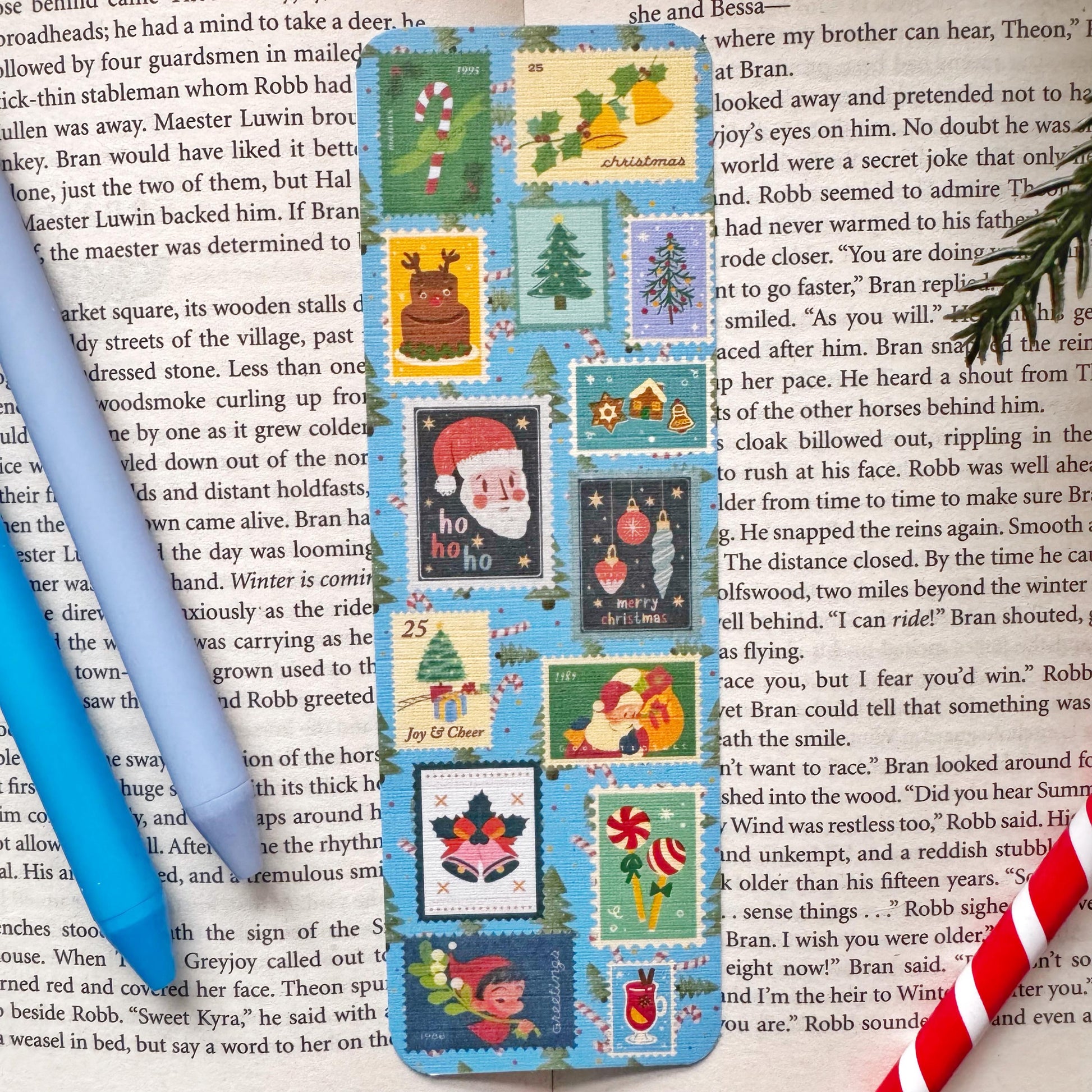 Letter To Santa Stamps Bookmark , Double Side 2x6 inch Linen Paper Gift
