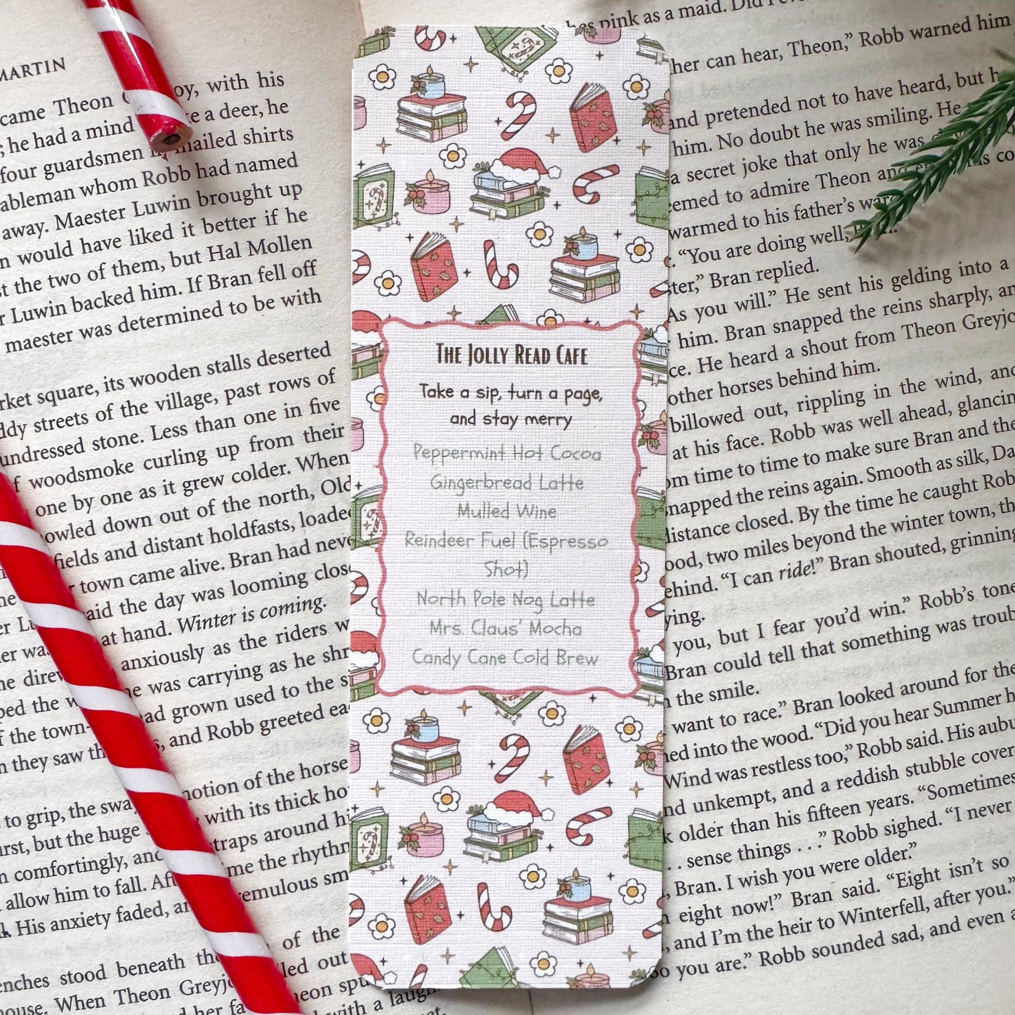 The Christmas Cafe Menu Bookmark for Book Lovers Double Side 2x6 inch Linen Paper Gift