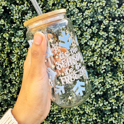 Christmas Snow Flakes Iced Coffee Glass Mug with Bamboo Lid & Glass Straw