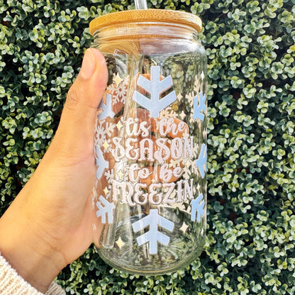 Christmas Snow Flakes Iced Coffee Glass Mug with Bamboo Lid & Glass Straw