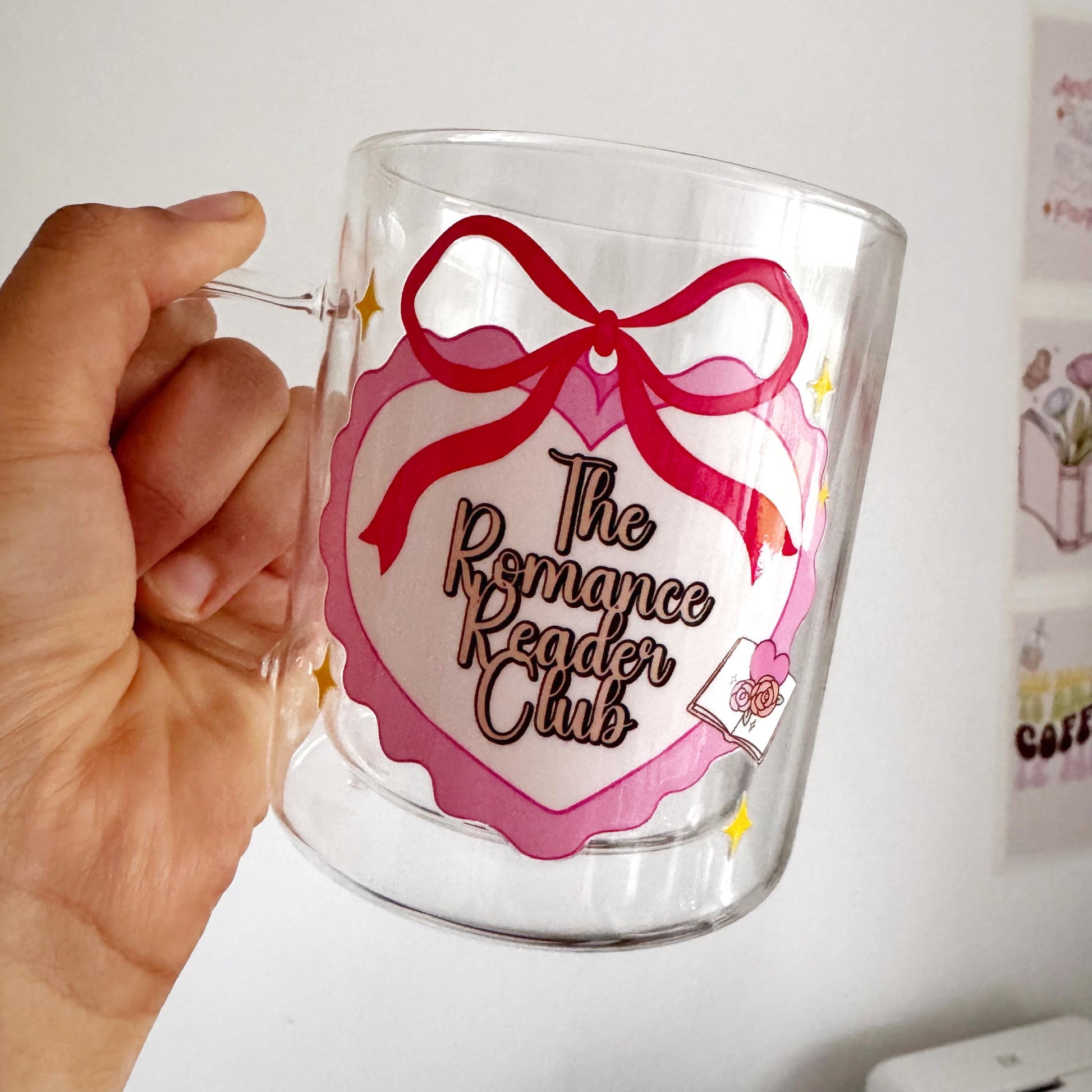 The Romantic Book Club Heart and Coquette Bow Glass Hot Coffee Mug: Double Walled 13oz