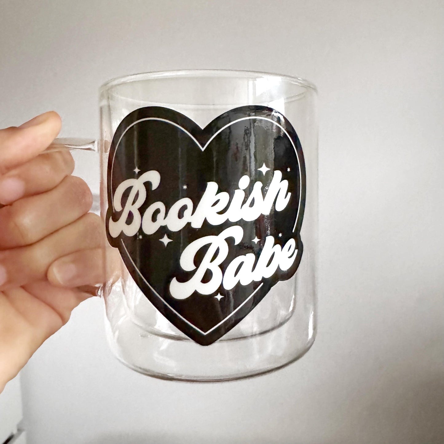 Bookish Babe Black Heart Valentine Book Lover Glass Hot Coffee Mug: Double Walled 13oz