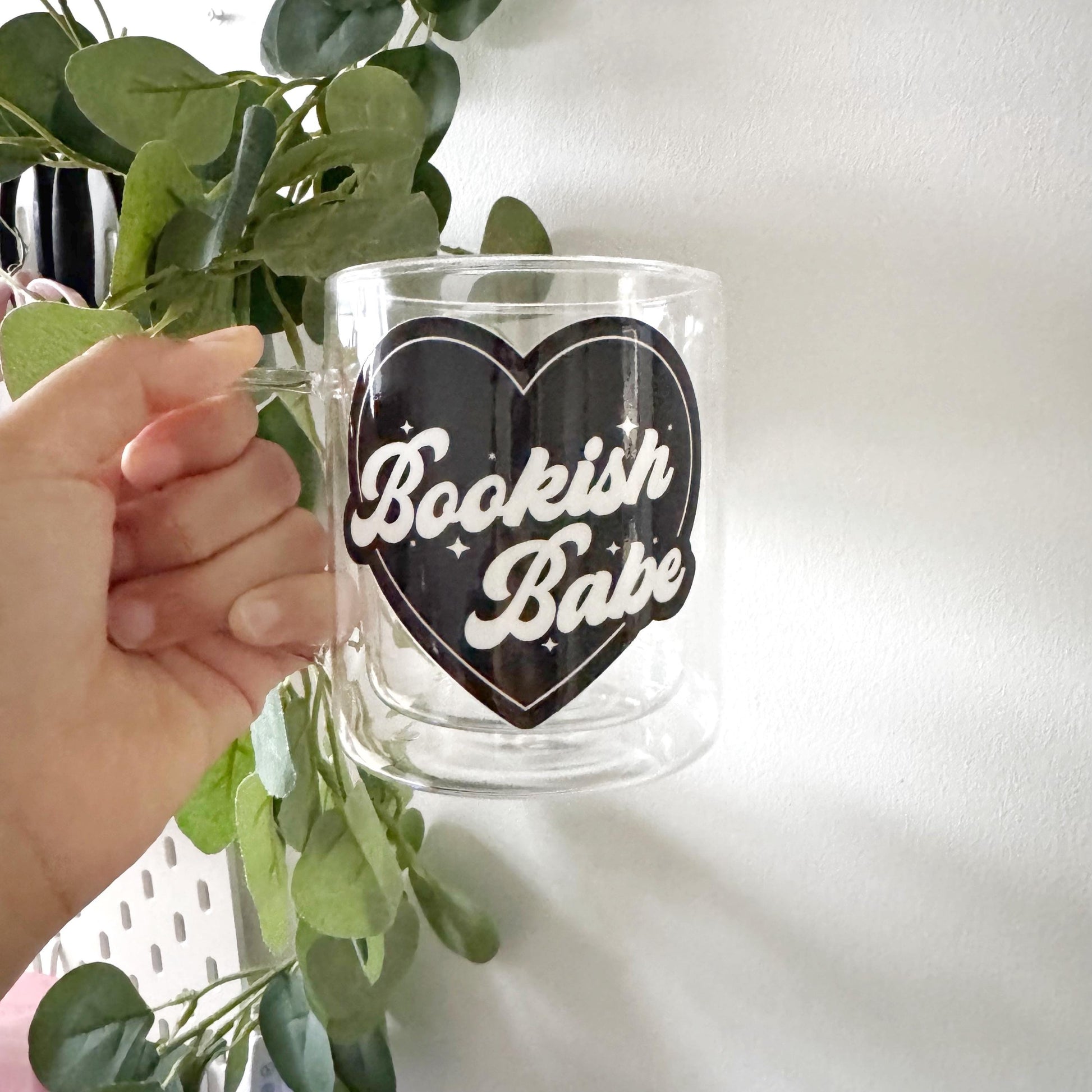 Bookish Babe Black Heart Valentine Book Lover Glass Hot Coffee Mug: Double Walled 13oz