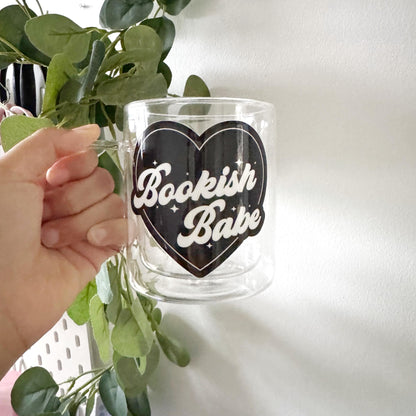 Bookish Babe Black Heart Valentine Book Lover Glass Hot Coffee Mug: Double Walled 13oz