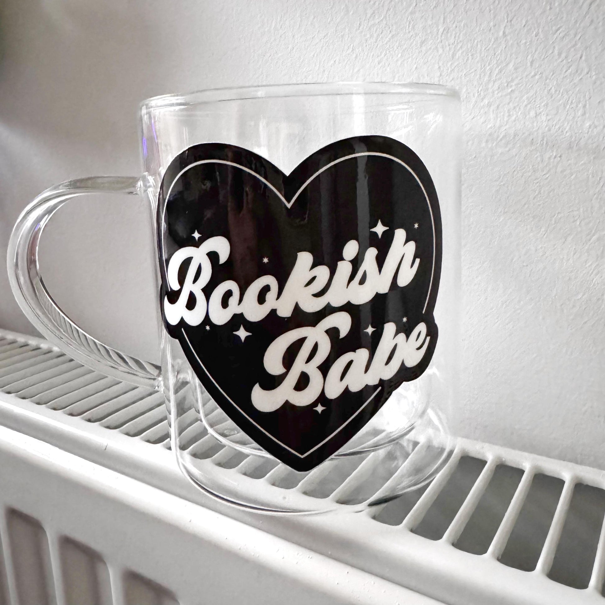 Bookish Babe Black Heart Valentine Book Lover Glass Hot Coffee Mug: Double Walled 13oz