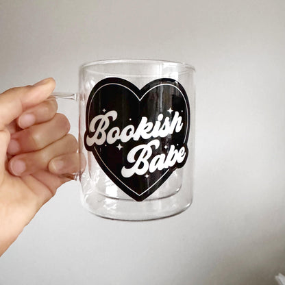 Bookish Babe Black Heart Valentine Book Lover Glass Hot Coffee Mug: Double Walled 13oz