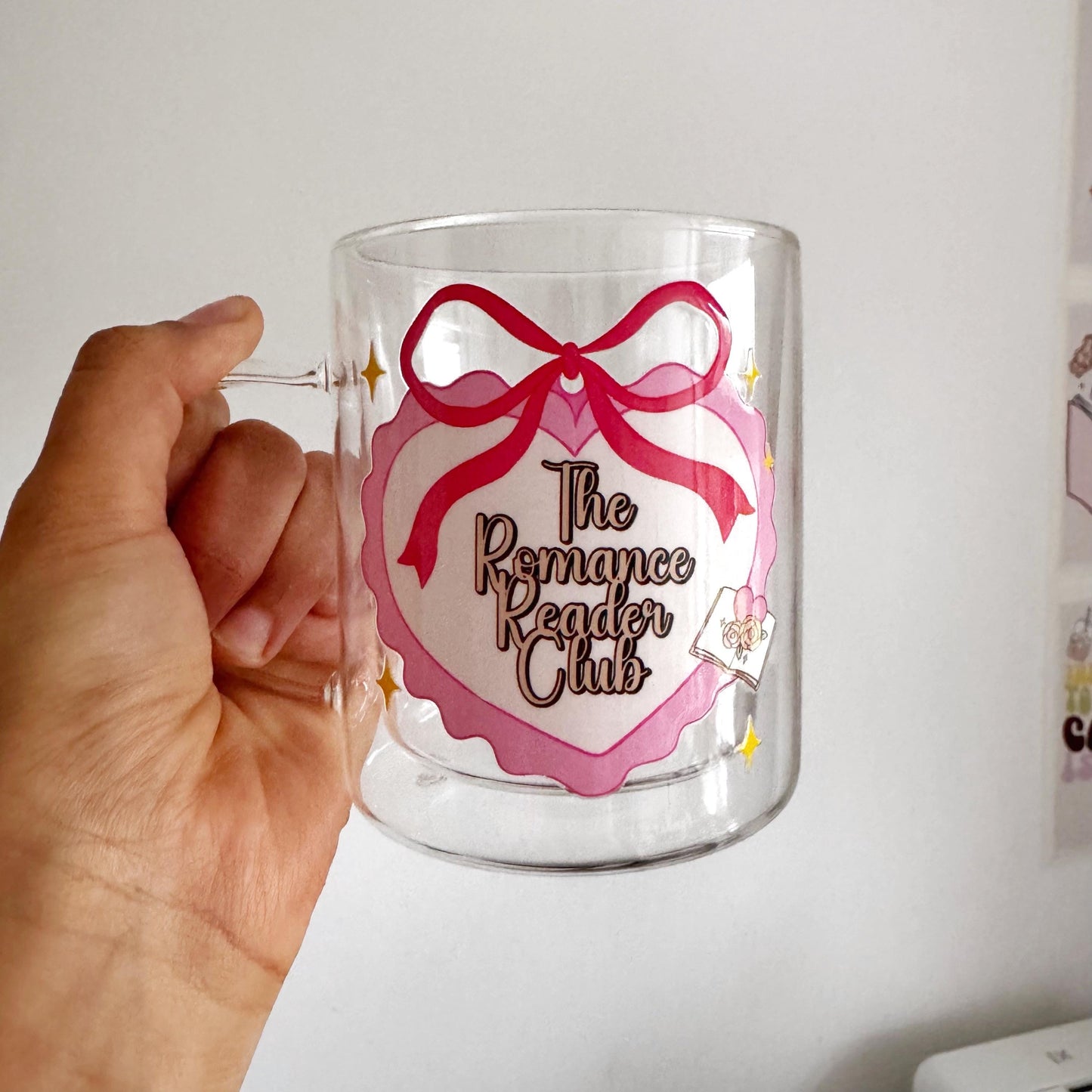 The Romantic Book Club Heart and Coquette Bow Glass Hot Coffee Mug: Double Walled 13oz
