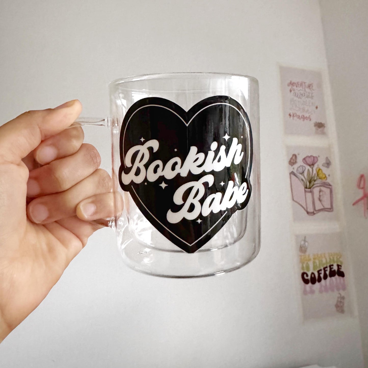 Bookish Babe Black Heart Valentine Book Lover Glass Hot Coffee Mug: Double Walled 13oz