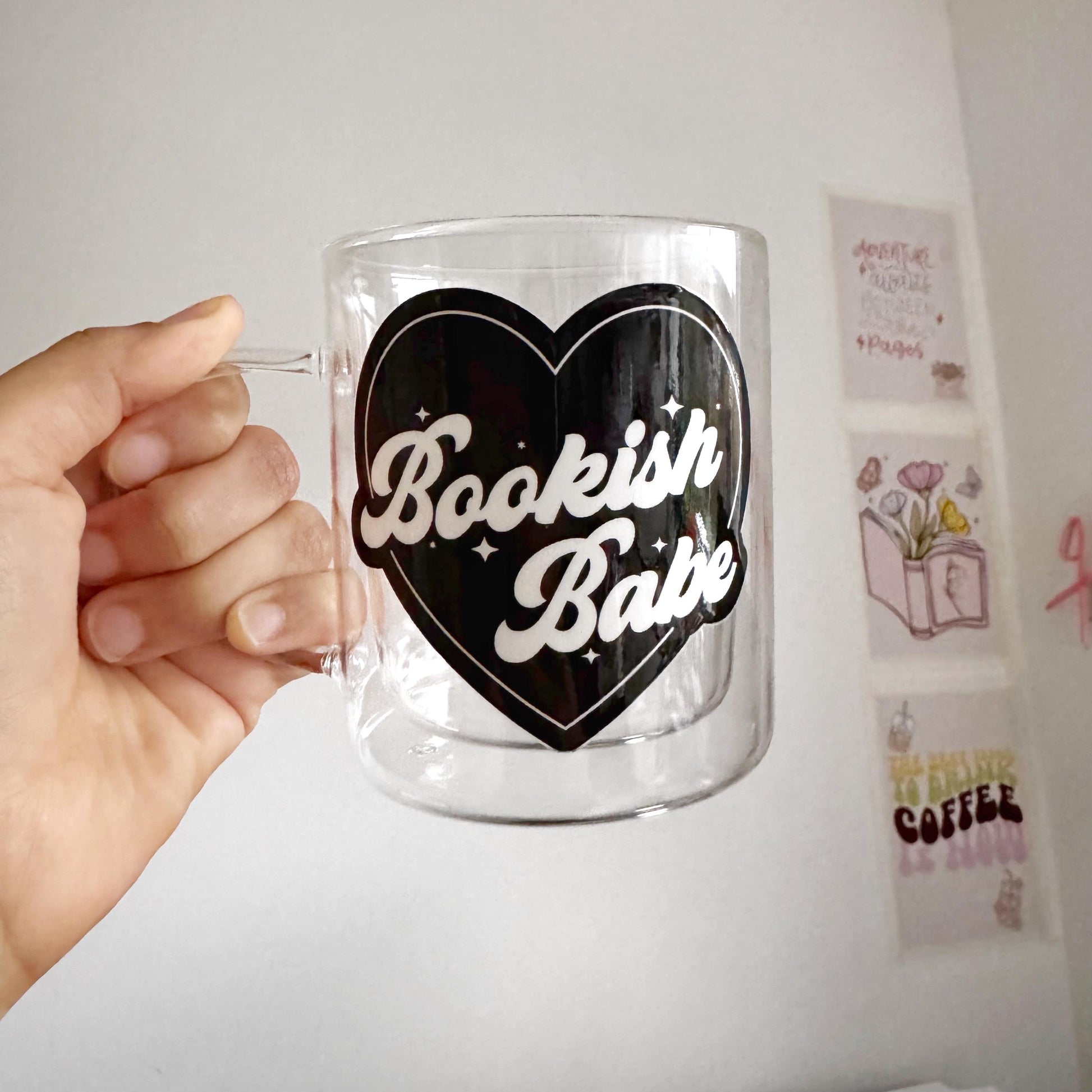 Bookish Babe Black Heart Valentine Book Lover Glass Hot Coffee Mug: Double Walled 13oz