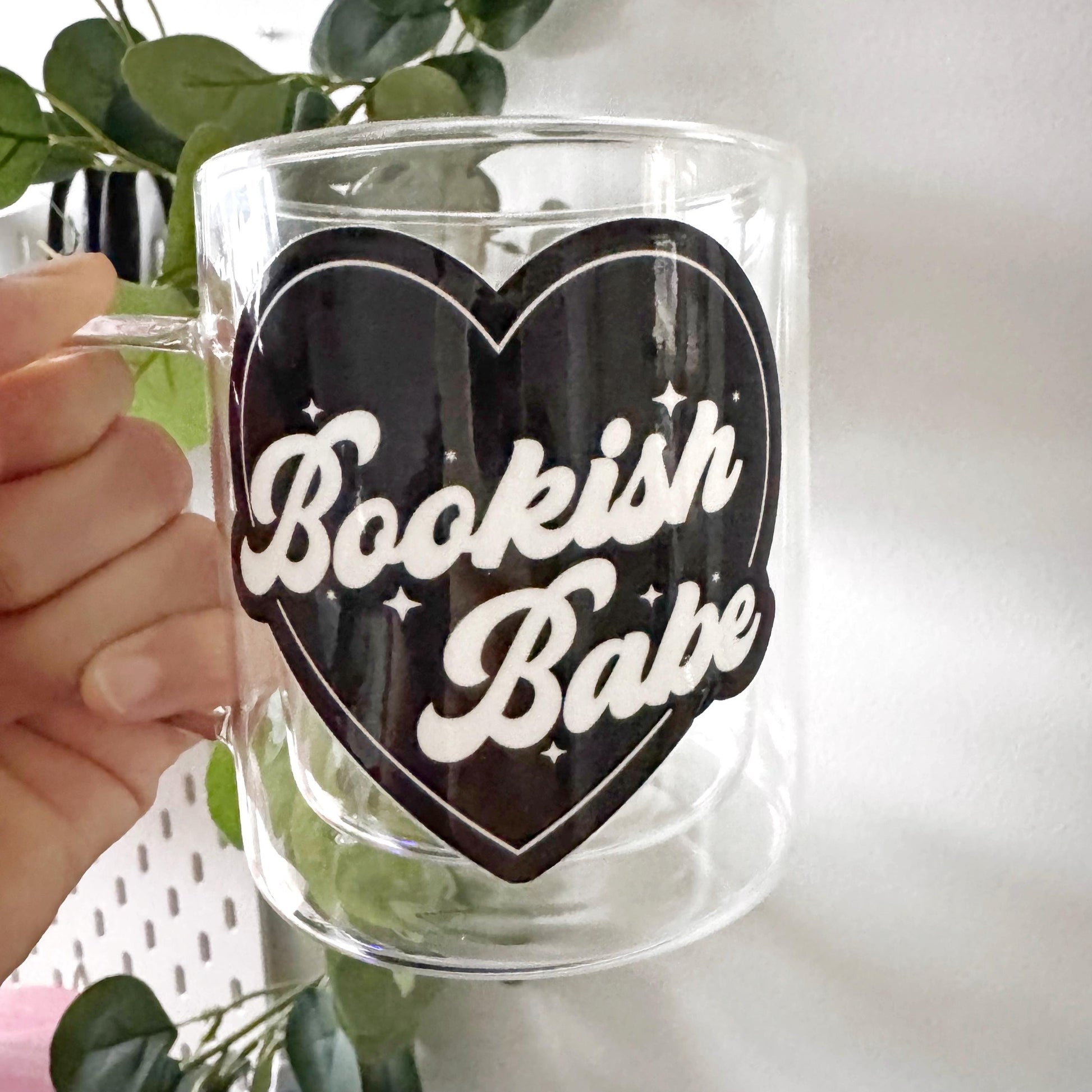 Bookish Babe Black Heart Valentine Book Lover Glass Hot Coffee Mug: Double Walled 13oz