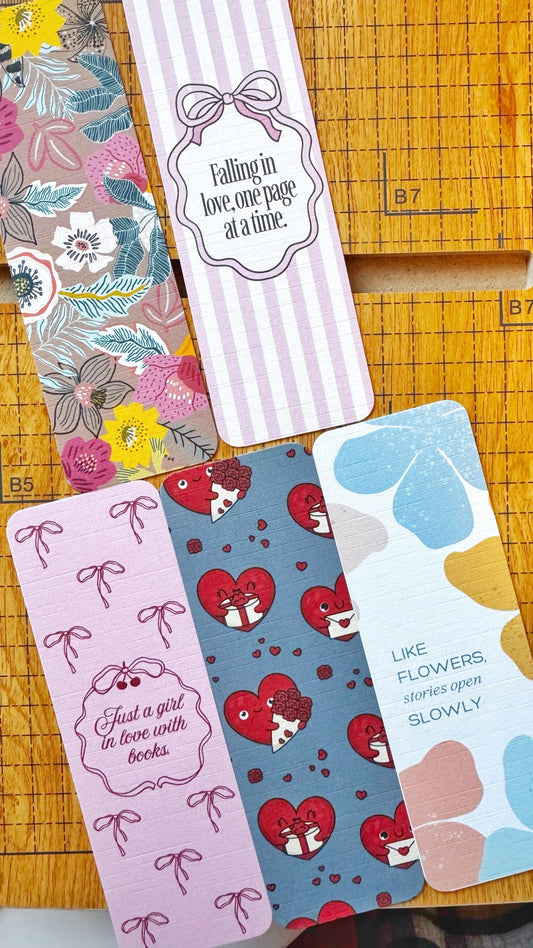 Pink bows hearts and Floral : Valentines Bookish Linen Bookmark Double Sided