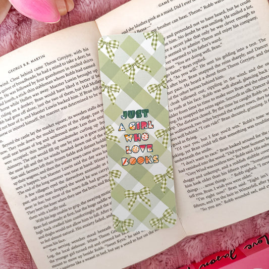 just a girl who loves books green checkered bookmark