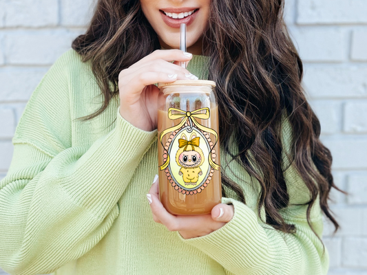 Exclusive Labubu Collection - Labubu Yellow Soymilk (SiSi) iced coffee can, Labubu Libbey Glass