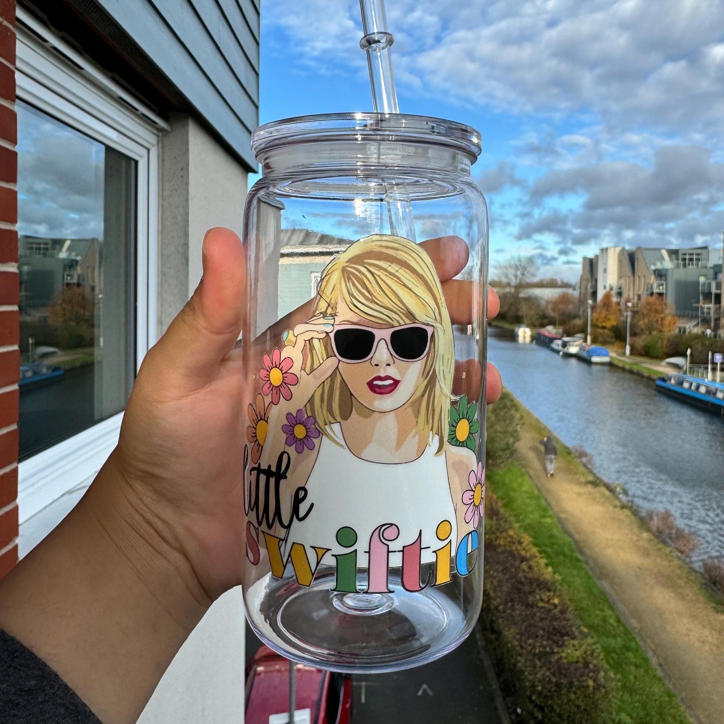 Little Swiftie 16oz acrylic cold cup with colorful lid and straw