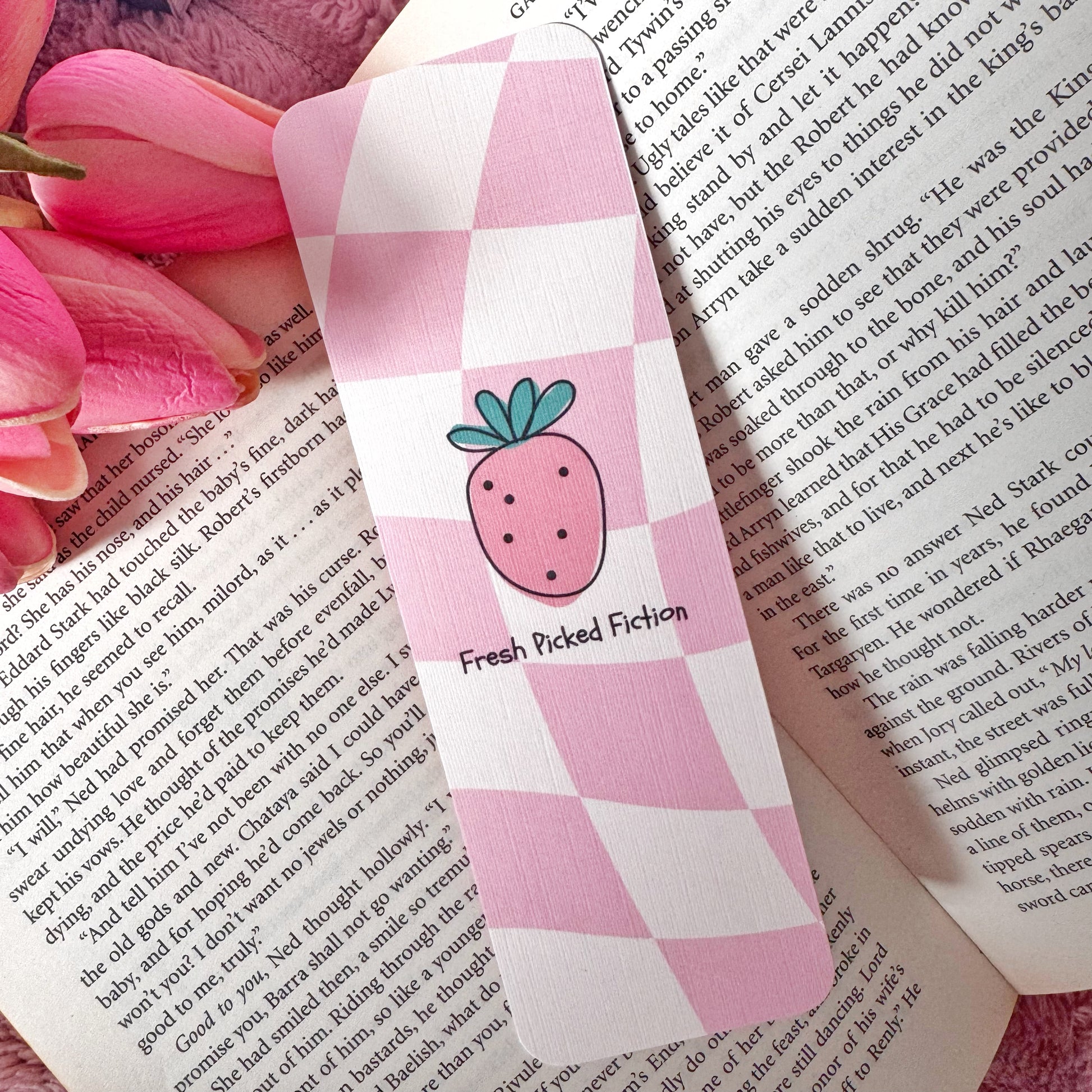 pink strawberry fresh picked fiction linen bookmark
