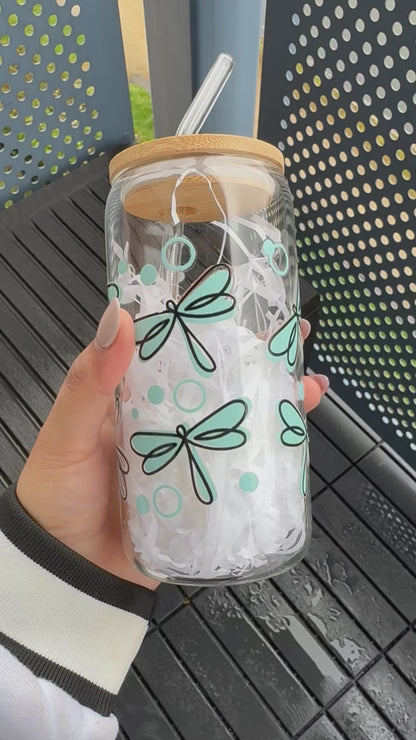 Blue Butterflies Iced Coffee Glass Can Tumbler 16 oz