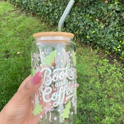 Christmas Books & Coffee 16oz Glass Can – Coquette Bow Iced Coffee Cup with Bamboo Lid & Glass Straw | Book Lover Holiday Gift