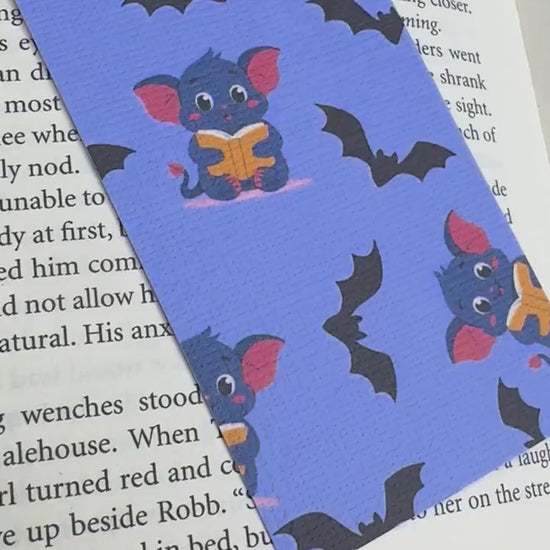 Cute  Bat Halloween Bookish Bookmark, Doublesided Linen Tasseled Bookmark, Purple Witchy Bat Bookish Reader Bookmark, Cute Bat reading Books