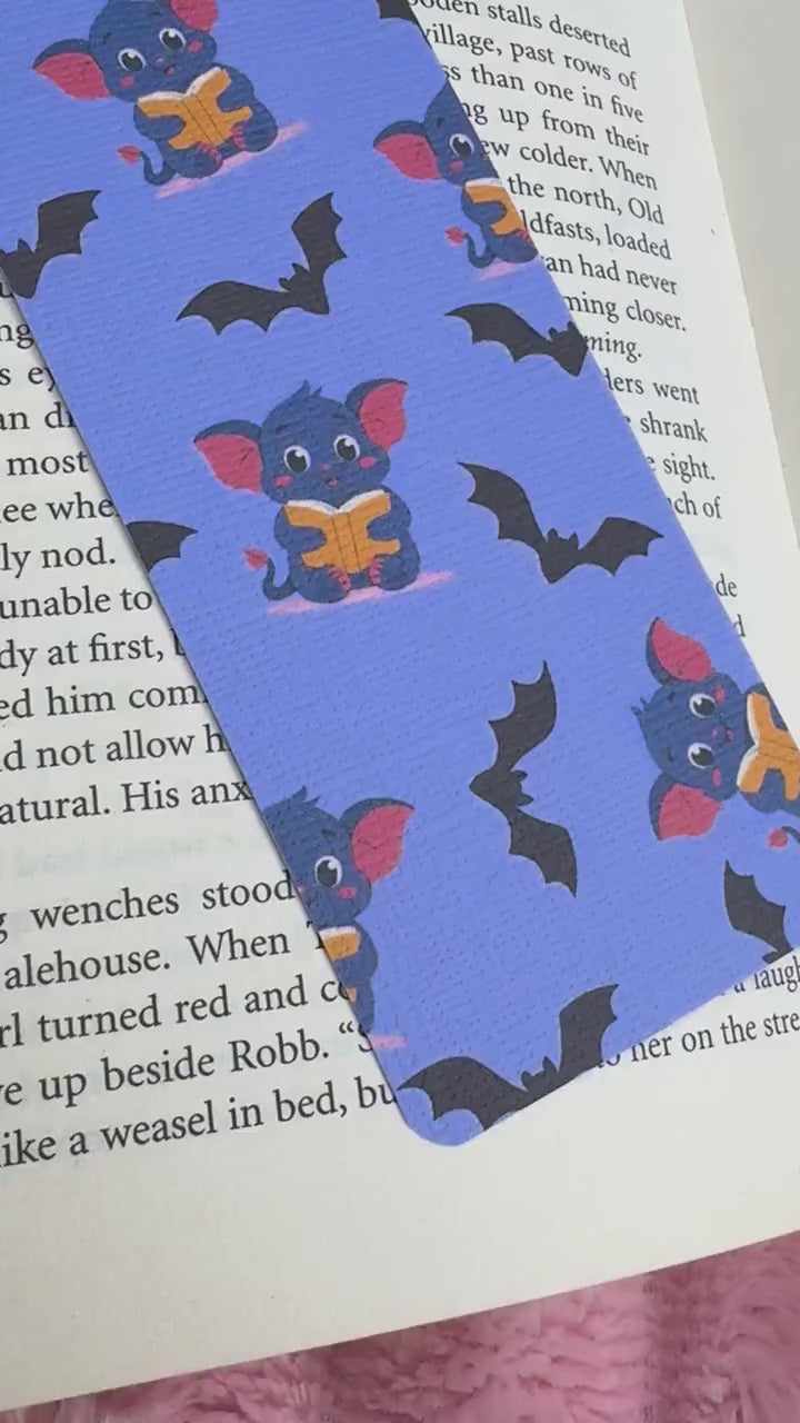 Cute  Bat Halloween Bookish Bookmark, Doublesided Linen Tasseled Bookmark, Purple Witchy Bat Bookish Reader Bookmark, Cute Bat reading Books