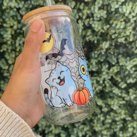 Spooky Cat Pumpkin Can Glass: Iced Coffee Tumbler with Bamboo Lid
