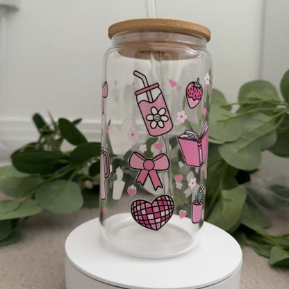 Bookish Pink lover iced coffee glass mug, Cute iced coffee glass bamboo lid and glass straw, Coffee book lovers cute bookish cup,Bookish glass 16oz