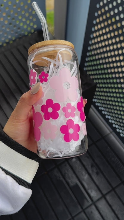 Pink Daisy Flowers themed Glass Tumbler 16 oz