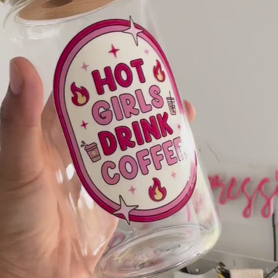 Hot Girls Drink Coffee Glass Can with Bamboo Lid and Glass Straw, 16oz Libbey Iced coffee cup, Coffee lover gifts, Cute Pink Girlie Gifts