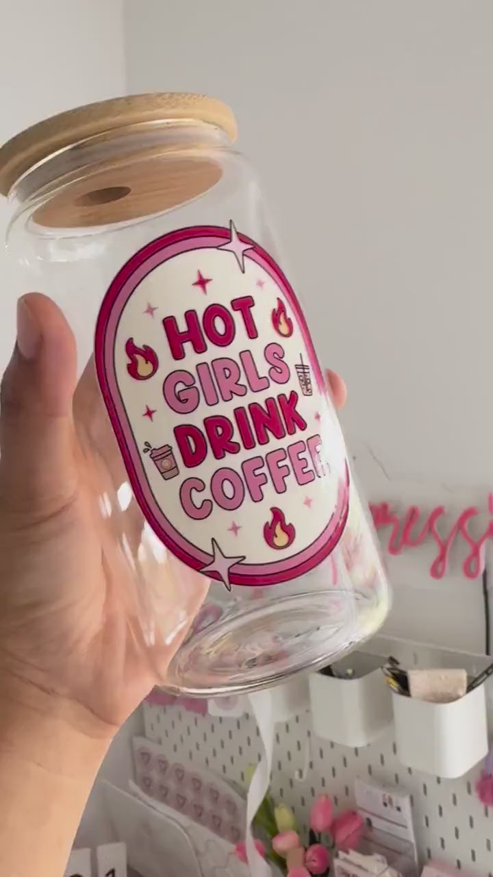 Hot Girls Drink Coffee Glass Can with Bamboo Lid and Glass Straw, 16oz Libbey Iced coffee cup, Coffee lover gifts, Cute Pink Girlie Gifts