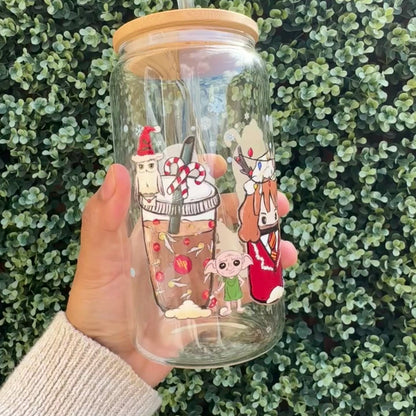 Potter Christmas Iced coffee Glass Can With Bamboo Lid and Straw