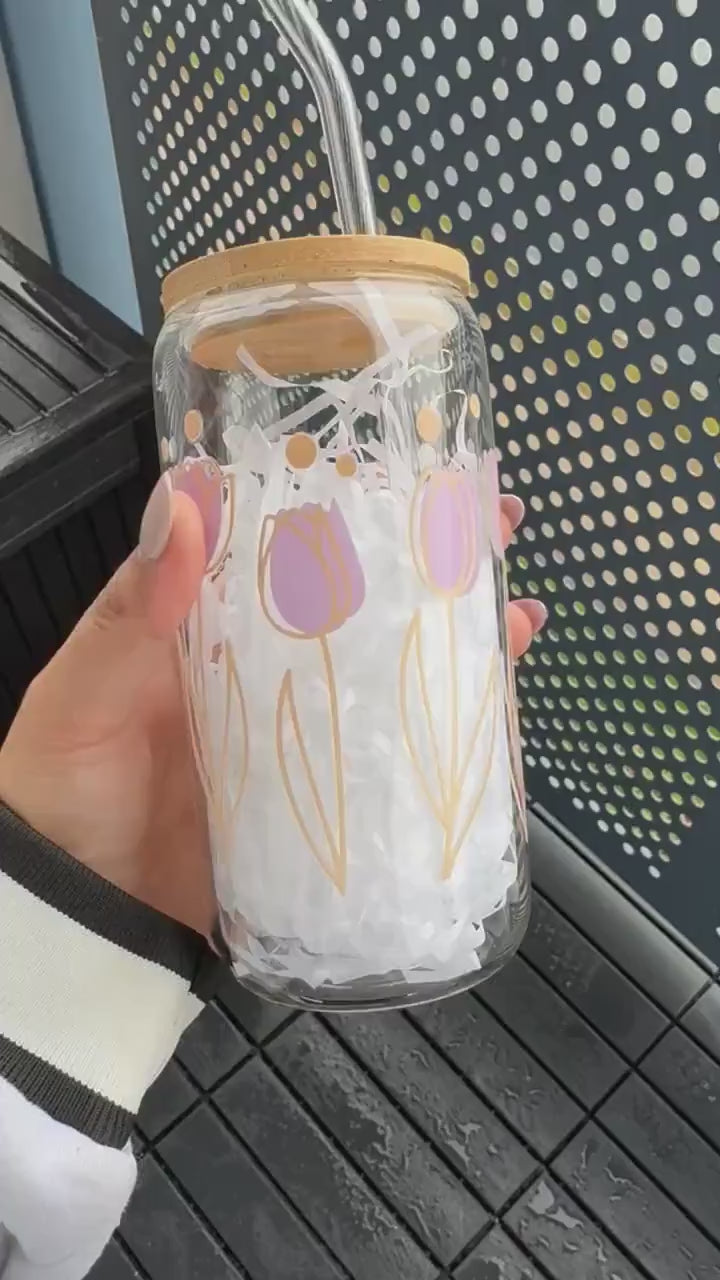 Tulip Flower Iced Coffee Cup, Flower Glass Tumbler 16 oz , Glass Cup  with Bamboo lid and glass straw, coffee lovers, Iced coffee Cans,